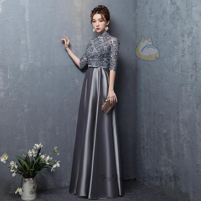 パーティードレス 結婚式 40代 20代 ロング 袖あり フォーマルドレス レースワンピース お呼ばれ 二次会 披露宴 謝恩会 着痩せ シンプル