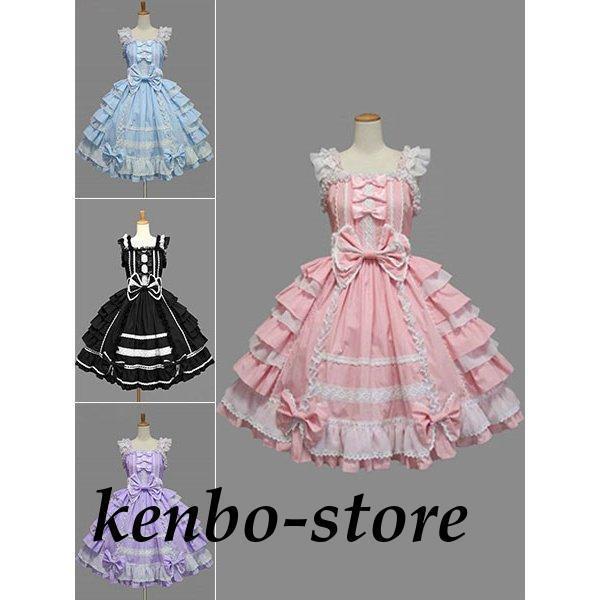 甘いロリータワンピース　フリルレイヤーロリータジャンパースカート ロココ　ピンク　コットン　レース　リボンアイドル衣装