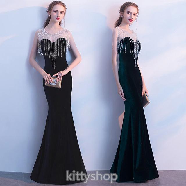 マーメイドドレス ノースリーブ 黒 イブニングドレス ベロア ベルベット ロングドレス フリンジ オシャレ 発表会ドレス オリーブ ネイビー パープル