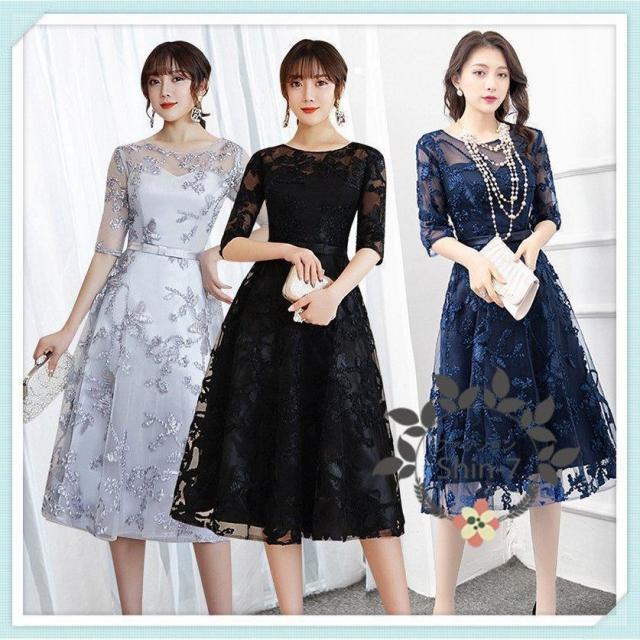 パーティードレス20代30代40代50代結婚式ワンピース大きいサイズ袖ありフォーマルロワンピース膝丈お呼ばれドレス服装服女性二次会親族