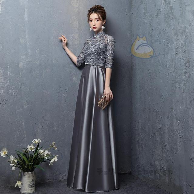 パーティードレス 結婚式 40代 20代 ロング 袖あり フォーマルドレス レースワンピース お呼ばれ 二次会 披露宴 謝恩会 着痩せ シンプル