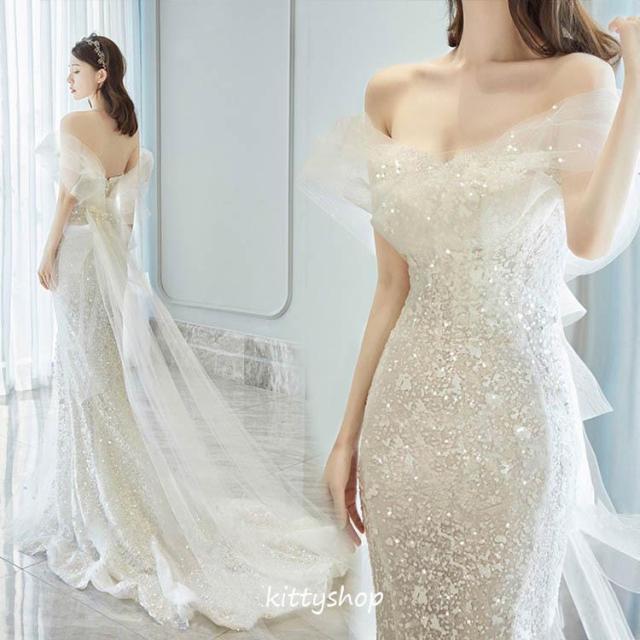 【特価】ウェディングドレス 白 チュール 花嫁ドレス トレーンドレス 結婚式ドレス キラキラドレス 二次会ドレス 挙式 マーメイドドレス オフショルダー