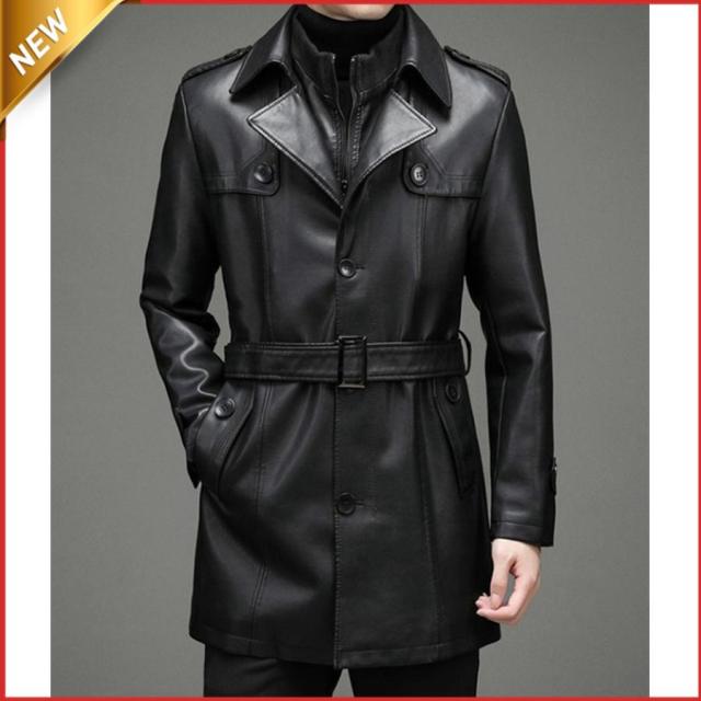 レザーコート　トレンチコート　ミドル丈　革　ロングコート　革コート　腰ベルト付き　革ジャン　メンズ