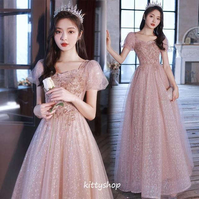 【特価】パーティードレス ピンク イブニングドレス ブライズメイドドレス 発表会 七五三 お盆 ステージドレス 演奏会ドレス 演出服 パフスリーブ 半袖