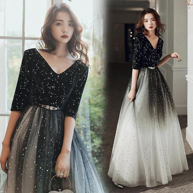 【特価】イブニングドレス 黒 グラデーション ロングドレス チュール パーティードレス ブラック 発表会ドレス Vネック 7分袖 結婚式ドレス 二次会ドレス