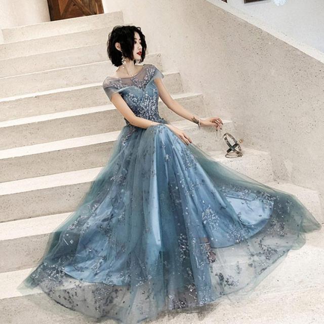 【大特価】イブニングドレス ロングドレス ブルー シャンパンゴールド スパンコール キラキラ 発表会ドレス ロングパーティードレス 結婚式ドレス 二次会ドレス