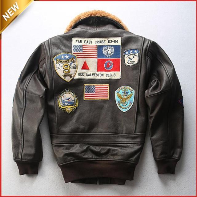 フライトジャケット　ジャケット　ワッペン付き　ガンモデル　刺繍　レザージャケット　中綿入り　革ジャン　アメリカ空軍服　牛革　防寒　メンズ