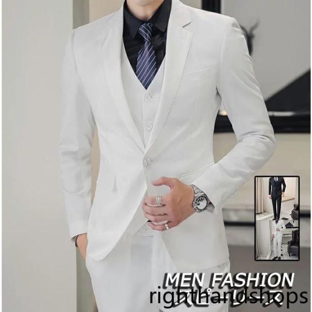 【タイムセール】品質良い メンズスーツ３点セット セットアップ 紳士服 スリーピース ジャケット ズボン3ピース 黒 白 無地 2色??つボタン パーティー