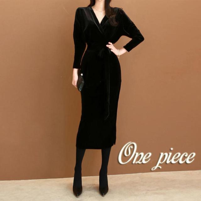 ワンピース レディース 秋服 春 冬 ドレス ひざ丈 腰括れベルベットフォーマル ブラック 無地 キレイめ おしゃれ 卒業式 服 母 着痩せ 通勤