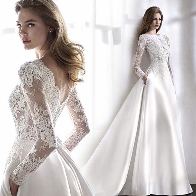 【値下げ】ウェディングドレス レース サテン ドッキング トレーン 結婚式ドレス ホワイト 長袖 背開き Aライン ロングドレス 二次会 披露宴 挙式