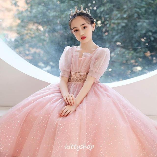子供ドレス ピアノ発表会 ドレス ロング ピンク 女児ドレス パフスリーブ 演奏会ドレス キッズドレス ロング 子どもドレス 演出服 ステージドレス