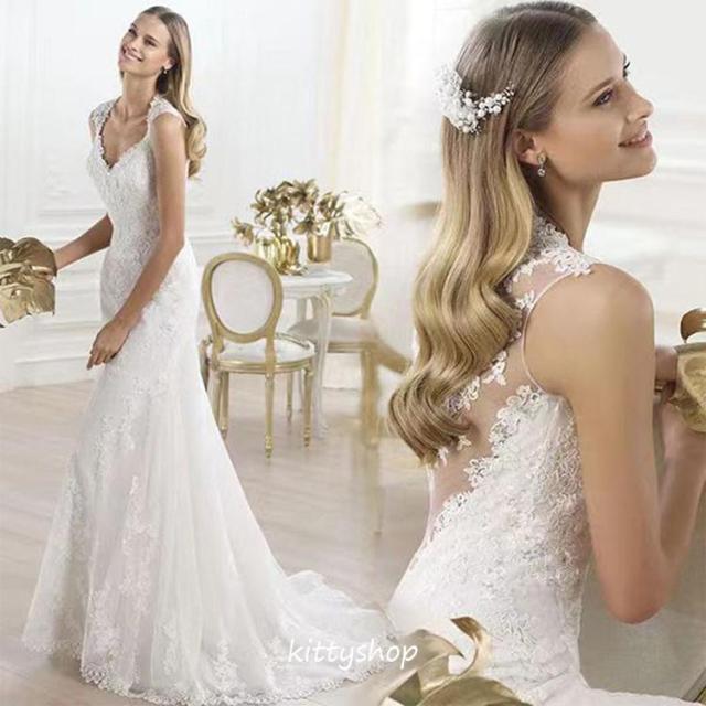 ウェディングドレス マーメイドドレス レース ノースリーブ ロングドレス チュール 白 ホワイト 花嫁ドレス 結婚式ドレス 海外挙式 ウェディング