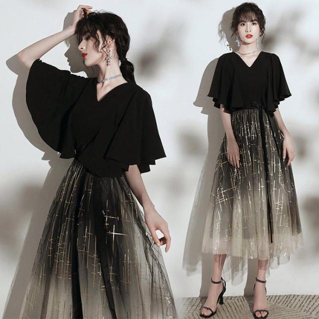 パーティードレス ブラック 20代 30代 ミモレ丈ドレス 黒 シャンパン グラデーション キレイめ 結婚式ドレス 40代 二次会 お呼ばれドレス 4,358円