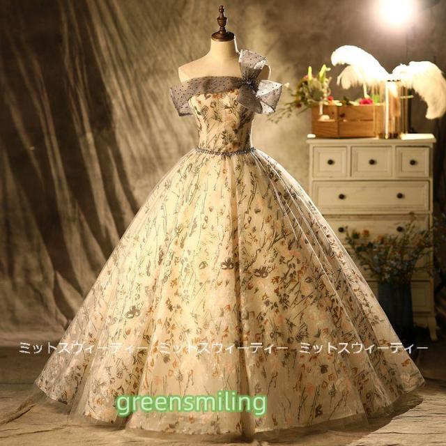 演奏会 花柄 ステージ カラードレス ウェディングドレス プリンセスラインドレス ロングドレス 発表会 パーティードレス 主役 高級 ゴールド ゴージャス 姫系