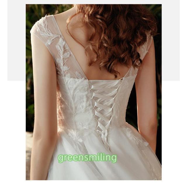 ウェディングドレス aラインドレス ウエディングドレス 二次会 花嫁 挙式 披露宴 ブライダル 結婚式 ロングドレス フレンチスリーブ オフホワイト 編み上げ