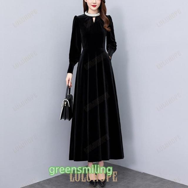 ワンピースレディース40代ロング丈長袖AラインVネックベロアリボン付き可愛い結婚式ドレス二次会パーティドレス通勤お呼ばれお洒落上品