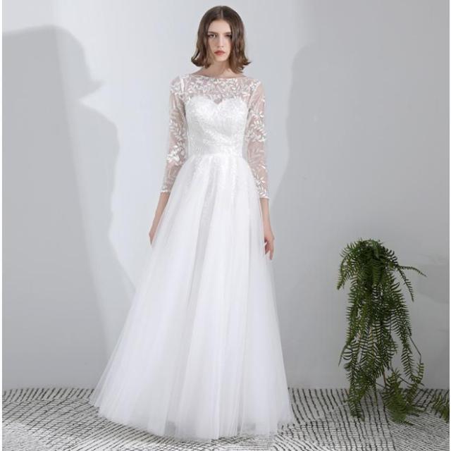 ウェディングドレス サイズオーダー 二次会 結婚式 披露宴 ブライダル ロングドレス 花嫁 長袖 レース ウエディングドレス Aライン パーティードレス ファスナー