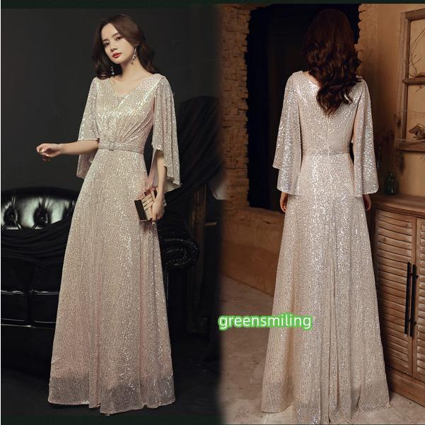 イブニングドレス ロングドレス カラオケドレス シャンパン ステージドレス パーティードレス サイズ指定OKスパンコール衣装 ミセス 発表会 演奏会用ドレス