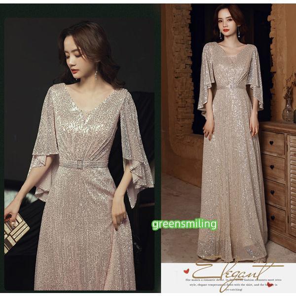 イブニングドレス ロングドレス カラオケドレス シャンパン ステージドレス パーティードレス サイズ指定OKスパンコール衣装 ミセス 発表会 演奏会用ドレス