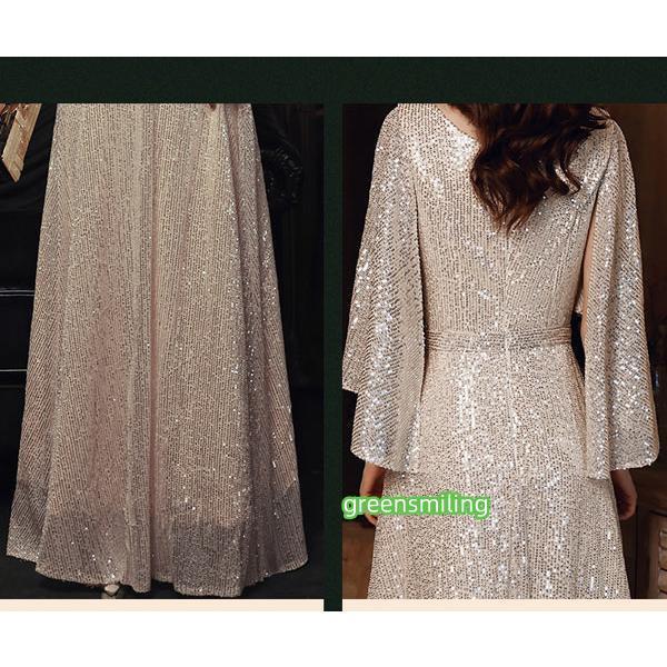 イブニングドレス ロングドレス カラオケドレス シャンパン ステージドレス パーティードレス サイズ指定OKスパンコール衣装 ミセス 発表会 演奏会用ドレス