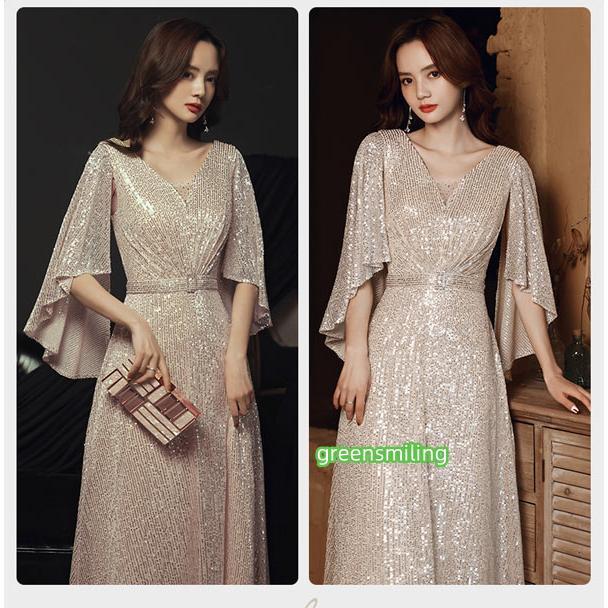 イブニングドレス ロングドレス カラオケドレス シャンパン ステージドレス パーティードレス サイズ指定OKスパンコール衣装 ミセス 発表会 演奏会用ドレス