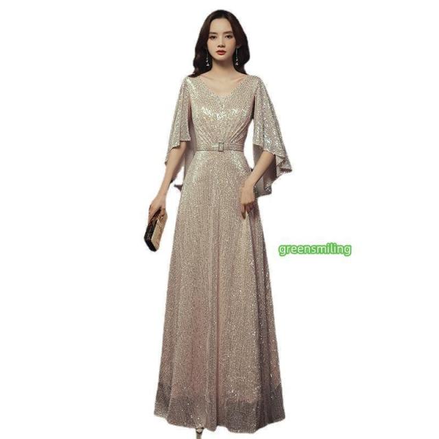 イブニングドレス ロングドレス カラオケドレス シャンパン ステージドレス パーティードレス サイズ指定OKスパンコール衣装 ミセス 発表会 演奏会用ドレス