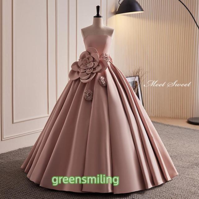 カラードレス 編み上げ ピンク ビスチェ フラワー ロングドレス 結婚式 二次会 発表会 演奏会 ウェディングドレス ウエディングドレス プリンセスラインドレス