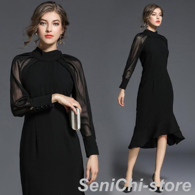 パーティードレス 大きいサイズ ロング丈 結婚式 40代 袖あり 長袖 立ち襟 フォーマルドレス シフォン お呼ばれ 二次会 披露宴 謝恩会 上品 おしゃれ 着痩せ