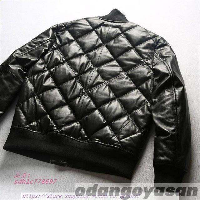 本革ダウンジャケット 菱形柄 レザーダウン 羊革ダウン 羊革 キルティング ダウン 本革ジャケット レザージャケット 防寒 メンズ