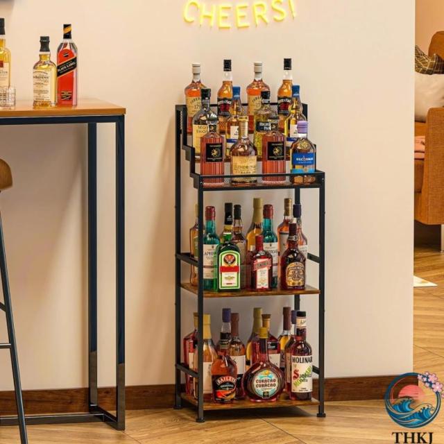 家庭用階段付きワイン ラック ウイスキー 棚 台形リキュールキャビネットバー THKJ 自立式フロア コーナーシロップ フェンス付き ディスプレイシェルフ リビン_1