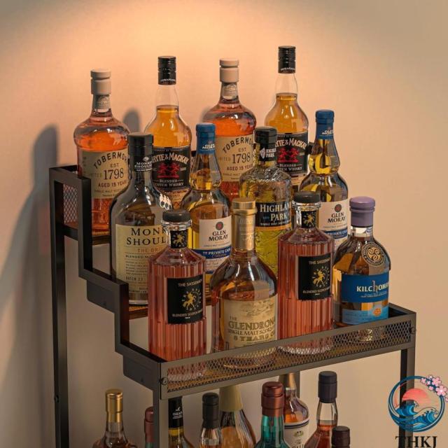 家庭用階段付きワイン ラック ウイスキー 棚 台形リキュールキャビネットバー THKJ 自立式フロア コーナーシロップ フェンス付き ディスプレイシェルフ リビン_5