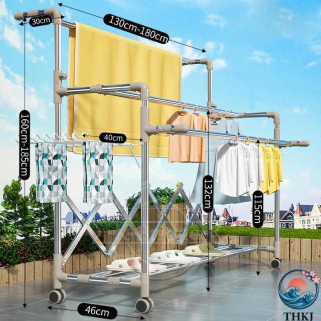 物干し ラック 伸縮式 折りたたみ式 ステンレス ものほしざお 屋外 THKJ 室内ベランダ風に強い錆びない 収納 横幅伸縮可能 多目的スタンド 3ポール物干し 洗濯_1