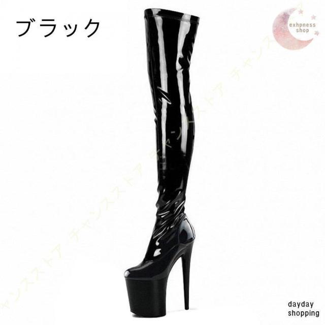 大きいサイズ サイハイブーツ エナメル ストレッチ 厚底 美脚 ニーハイブーツ ロング 疲れない ブーツ 衣装 ヒール ポールダンス レディース_15