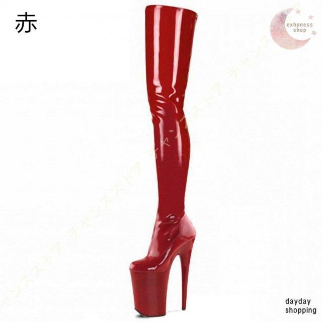 大きいサイズ サイハイブーツ エナメル ストレッチ 厚底 美脚 ニーハイブーツ ロング 疲れない ブーツ 衣装 ヒール ポールダンス レディース_18