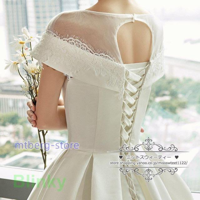 ウェディングドレス Aラインドレス サテン 床付き/トレーン 編み上げ 二次会 結婚式 ブライダル ロングドレス 前撮り 挙式 花嫁 ウエディングドレス エレガント_7
