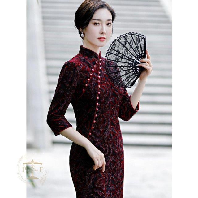 チャイナドレス ロング丈 チャイナ服 7分袖 柄 秋 ドレスワンピース 大きいサイズ スリット パーティードレス 披露宴 結婚式 オシャレ_1