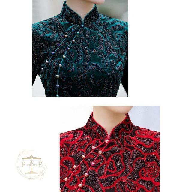 チャイナドレス ロング丈 チャイナ服 7分袖 柄 秋 ドレスワンピース 大きいサイズ スリット パーティードレス 披露宴 結婚式 オシャレ_13