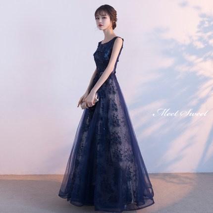 カラードレス ロングドレス ネイビー 花柄 ノースリーブ パーティードレス ウェディングドレス ウエディングドレス 結婚式 二次会 披露宴 花嫁_3