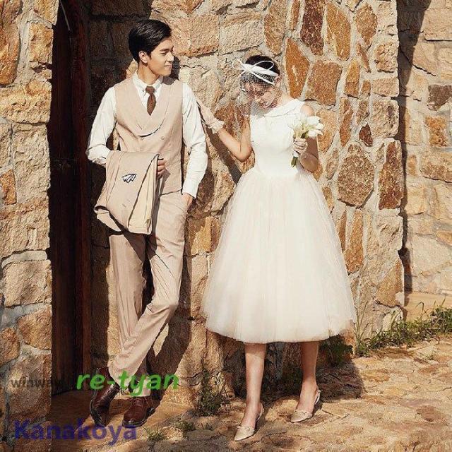 ミモレ丈ドレス ウェディングドレス 結婚式 白ワンピース 二次会 花嫁 Aライン チュールスカート 可愛い パーティードレス旅行 撮影 春 夏 秋 ビーチフォト