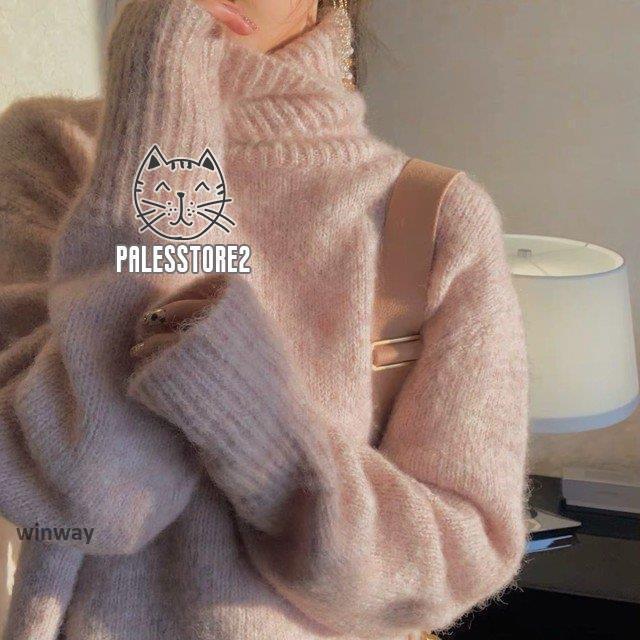 トップス レディース フェミニン 秋 冬 タートルネック ニットセーター ふわふわ ルーズ オーバーサイズ トレンド 無地 シンプル かわいい こなれ感 ピンク