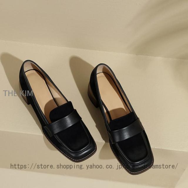 ローファー パンプス レディース 歩きやすい 大人 学生 女子 黒 4.5cm 靴 ローファー 大きいサイズ ヒール チャンキーヒール スクエアトゥ フォーマル