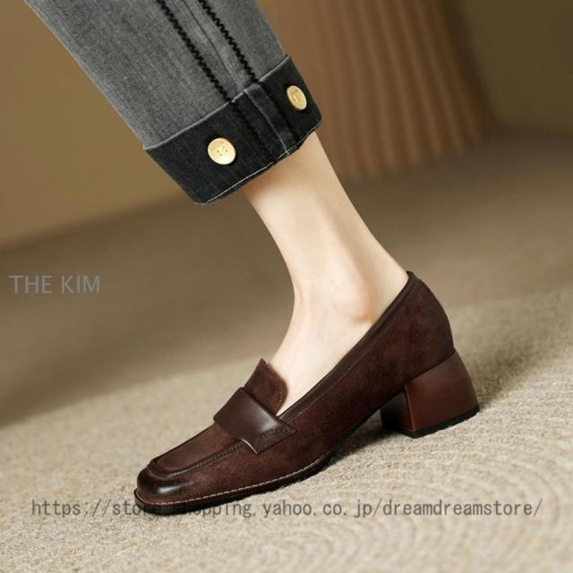 ローファー パンプス レディース 歩きやすい 大人 学生 女子 黒 4.5cm 靴 ローファー 大きいサイズ ヒール チャンキーヒール スクエアトゥ フォーマル