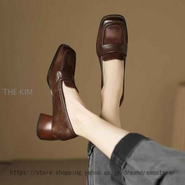 ローファー パンプス レディース 歩きやすい 大人 学生 女子 黒 4.5cm 靴 ローファー 大きいサイズ ヒール チャンキーヒール スクエアトゥ フォーマル