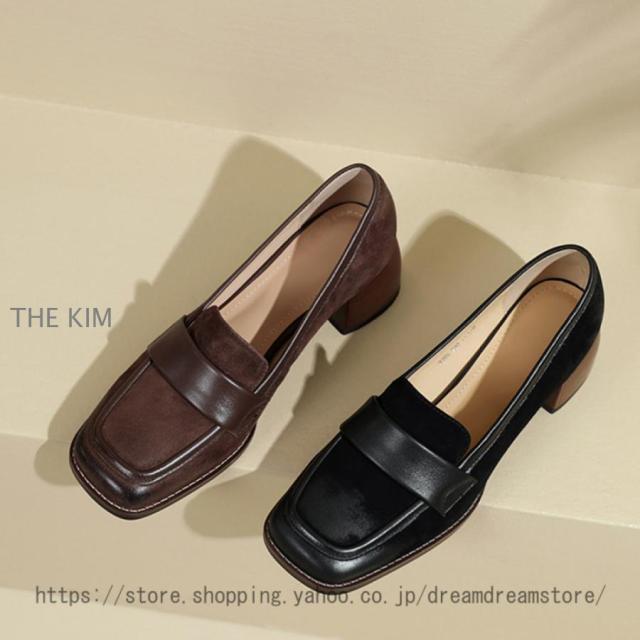 ローファー パンプス レディース 歩きやすい 大人 学生 女子 黒 4.5cm 靴 ローファー 大きいサイズ ヒール チャンキーヒール スクエアトゥ フォーマル