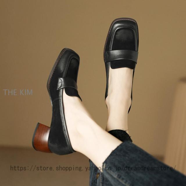 ローファー パンプス レディース 歩きやすい 大人 学生 女子 黒 4.5cm 靴 ローファー 大きいサイズ ヒール チャンキーヒール スクエアトゥ フォーマル