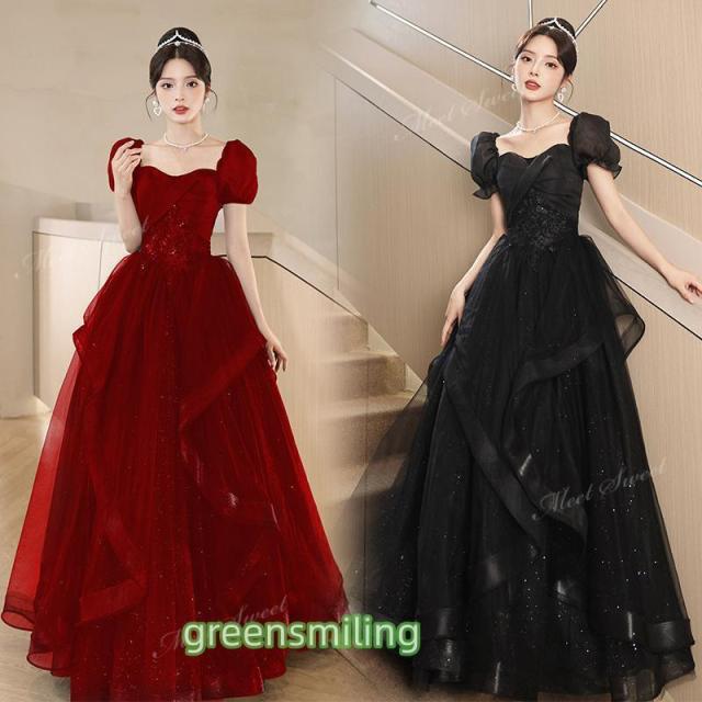カラードレス ブラック ワインレッド パフスリーブ 前撮り 二次会 ウェディングドレス ウエディングドレスドレス 演奏会 結婚式 音楽会 発表会 パーティードレス