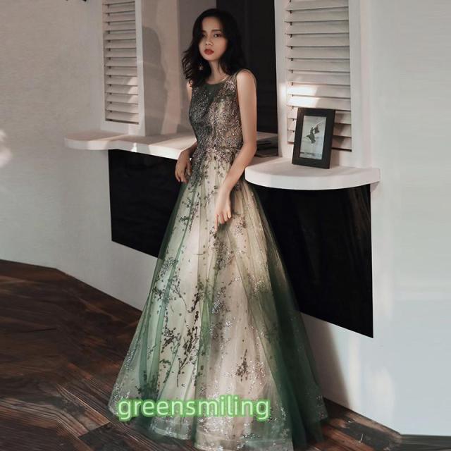 カラードレス ロングドレス グリーン ノースリーブ 演奏会 発表会 カクテルドレス イブニングドレス 大人 パーティードレス 編み上げ ラメ ステージ キラキラ