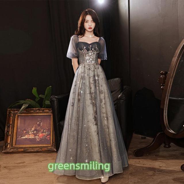 カラードレス カクテルドレス ロングドレス パーティードレス 発表会 演奏会 ステージ 袖付き イブニングドレス グレー シルバー ラメ キラキラ 上品