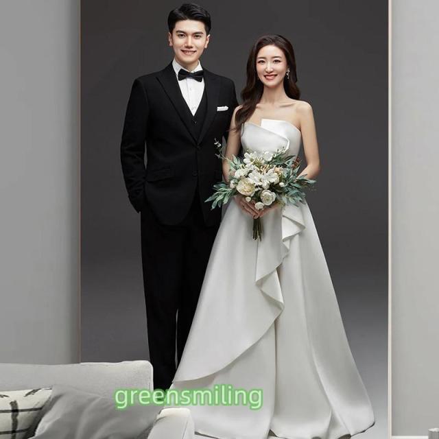 ウェディングドレス 二次会 結婚式 ブライダル ロングドレス サテン ベアトップ ビスチェ 前撮り 挙式 花嫁 記念撮影 ウエディングドレス シンプル Aライン