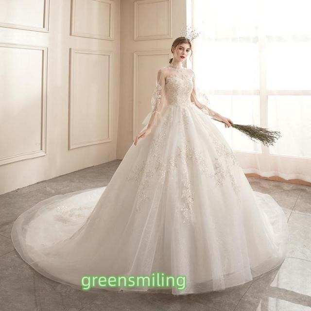 ウェディングドレス 二次会 結婚式 披露宴 ブライダル ロングドレス 花嫁 ウエディングドレス プリンセスラインドレス オフホワイト 編み上げ 長袖 トレーン